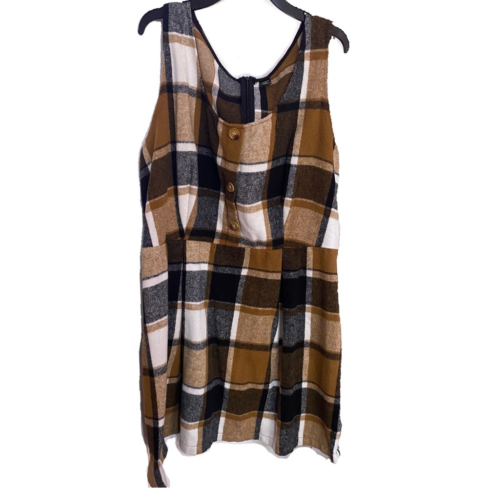 Plus size plaid pinafore overall short dress some pleats on the skirt part dress